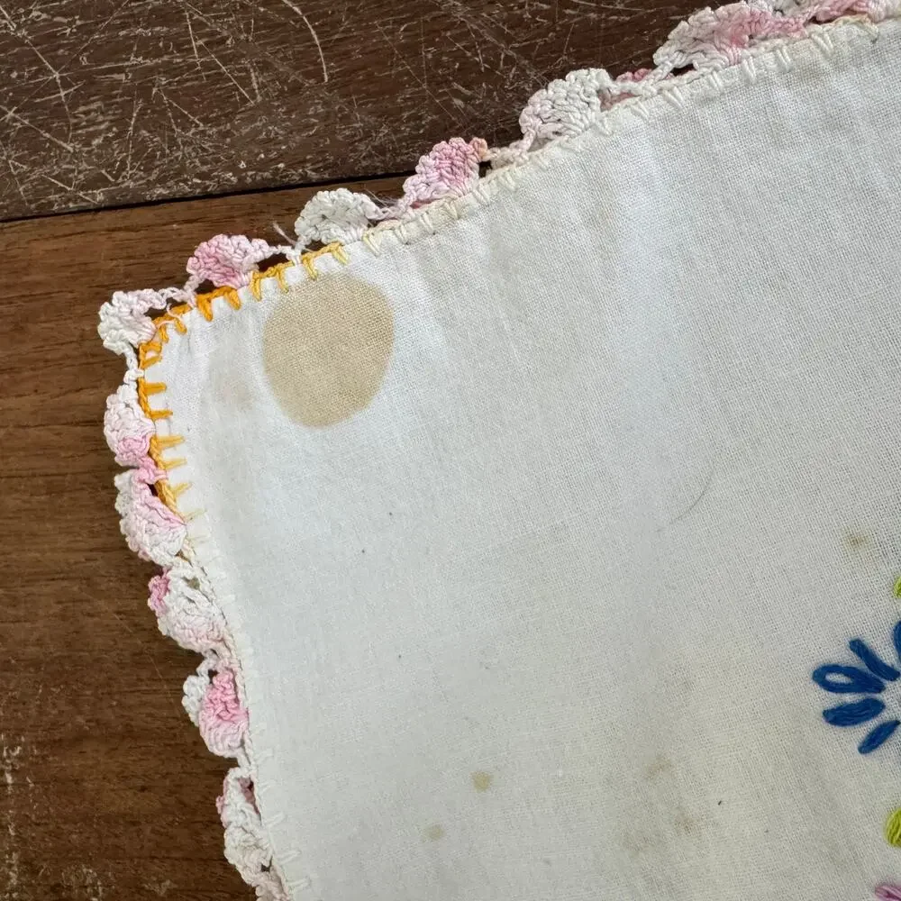 Vintage Hand-Stitched Embroidery Wash Stand Hand towel Floral Wreath Butterflies